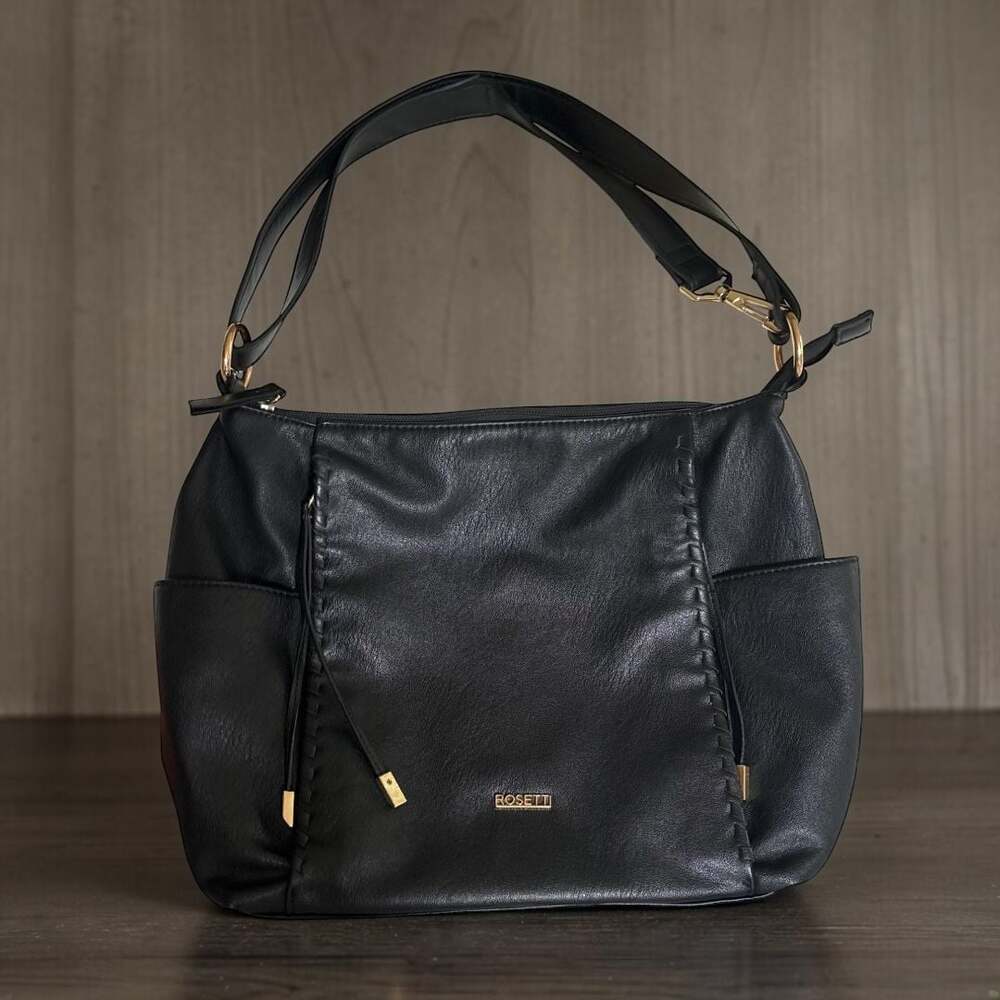 Rosetti Boho Black Faux Leather Shoulder Bag with Side Pockets